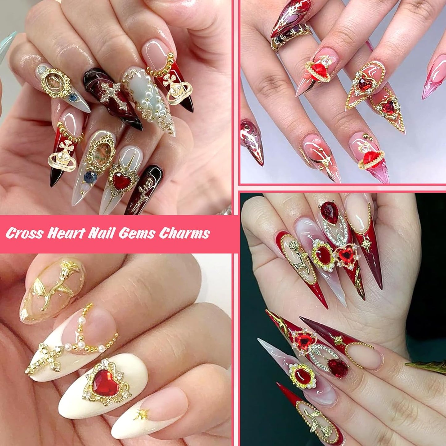 2 Boxes Metal Gold Nail Charms and Gems, 3D Alloy Crown Heart Planet Nail Gems Charms, Golden Bows Star Nail Studs, Gold Pearls Beads for Nails Art Designs DIY Accessories