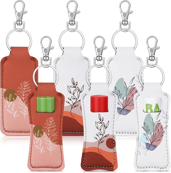 6 Pcs Boho Lip Balm Sleeve Keychain Lipstick Holder Key Chain with Portable Clip Lip Gloss Pouch Keychain for Women Graduation Travel Accessory Stocking Stuffers Gifts