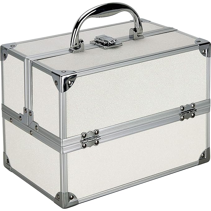 55pcs Makeup Gift Set Kit Train Case With Extendable Trays (eyeshadow, Blushes, Lipstick & More) - Vmk1304, White Glitter