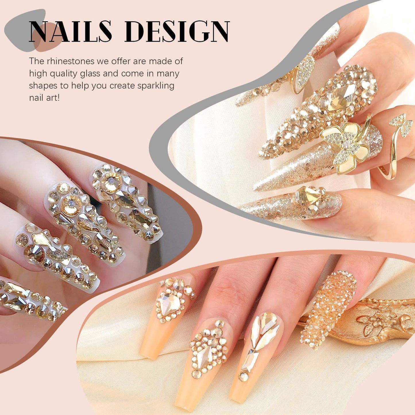 2060Pcs Champagne Gold Glass Nail Rhinestones 60Pcs Multi Shapes Flatback Nail Gems +2000Pcs 1.5-4mm Round Crystal with Rhinestones Glue Gel, Manicure Nail Charms Diamond Gemstones for Nail Art