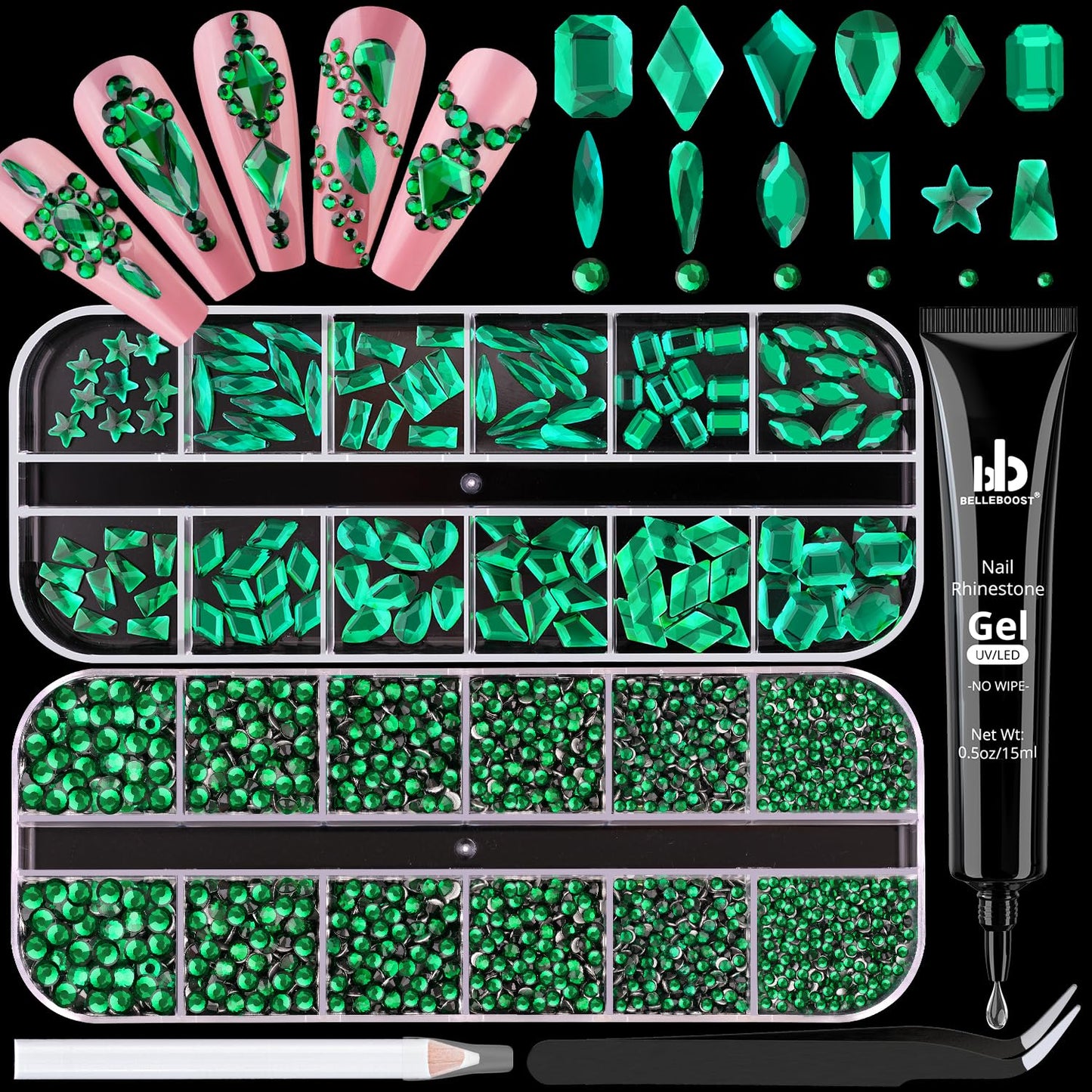 3220Pcs Emerald Green Glass Nail Rhinestones 120Pcs Multi Shapes Flatback Nail Gems +3100Pcs 1.5-4mm Round Crystal with Rhinestones Glue Gel, Manicure Nail Charms Diamond Gemstones for Nail Art