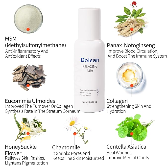 Relaxing Mist Facial Spray With Msm And Collagen, Face Mist Hydrating And Redness Remedy,No Artificial Fragrance, Body/Skin Care, 4 Fl Oz