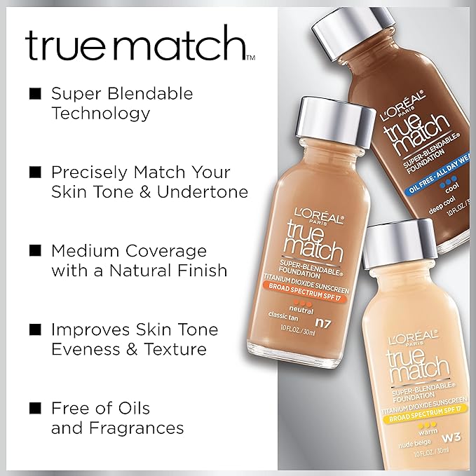 L'Oreal Paris Makeup True Match Super-Blendable Liquid Foundation, Spiced Latte W9, 1 Fl Oz,1 Count