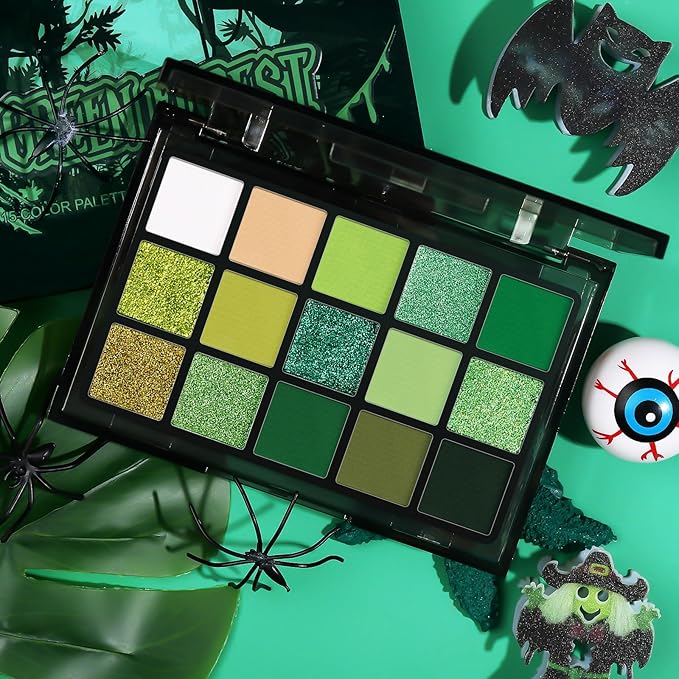 UCANBE Green Eyeshadow Makeup Palette, 15 Colors Bright Dark Green Shimmer Matte Metallic Glitter Eye Shadow, Forest Emerald Lime Pallet Kit for Cosplay Parties Christmas Halloween SFX