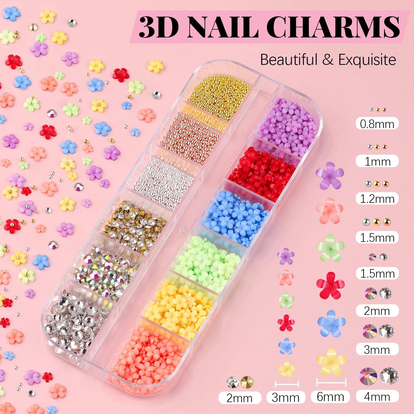 3D Nail Charms, Manicure Kit with Nail Rhinestone Glue Gel (UV Curing), Butterfly Colorful Flower Starry AB Gems Caviar Beads Half Round Pearl & Flatback Glass AB + Clear Gems with Dotting Tools