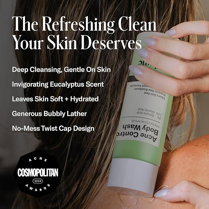 Geologie Acne Control Body Wash | Fresh Eucalyptus | 2% Salicylic Acid + 1.5% Glycolic Acid | Clears Body Acne & Prevents Breakouts | For Men & Women | No Benzoyl Peroxide | 8.4 oz