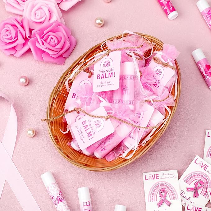 100 Set Pink Ribbon Breast Cancer Awareness Gifts Bulk, 100 Lip Balms, 100 Organza Gift Bags and 100 Tags Perfect for Charity Events, Survivors Awareness Campaigns