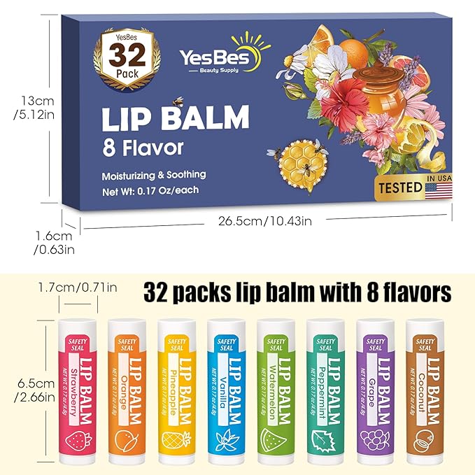 32 Pack Lip Balm, Natural Lip Balm Bulk with Vitamin E and Coconut Oil, Moisturizing Lip Balm for Dry Cracked Lips, Lip Balm for Stocking Stuffers - 8 Flavors