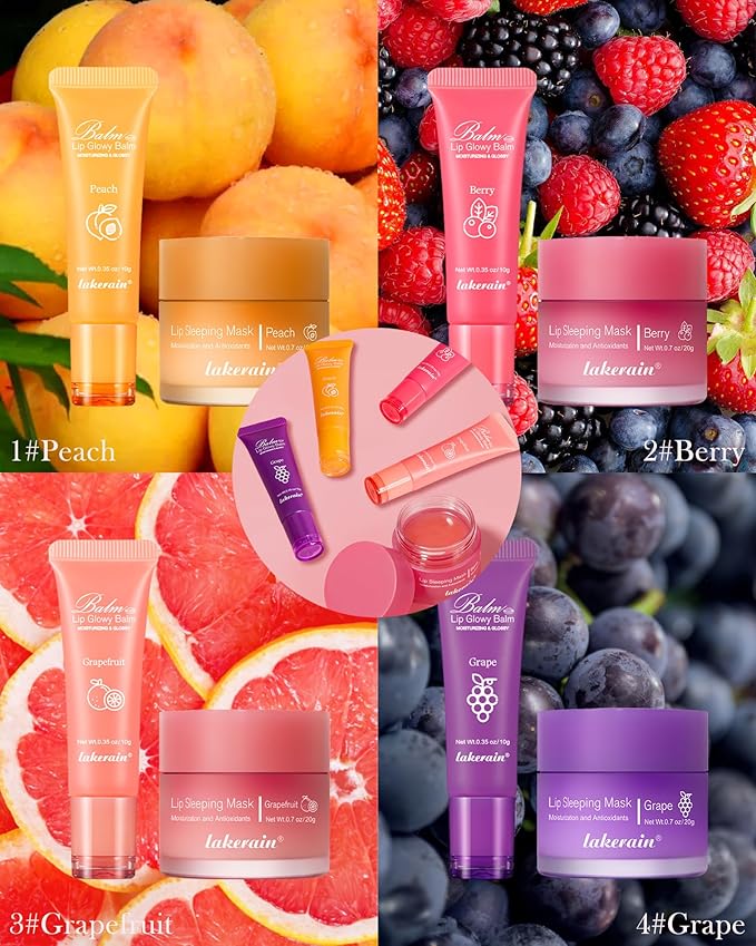 2Pcs Lip Glowy Balm & Lip Sleeping Mask Set,Hydrating Nourishing Repair Sleeping Lip Mask,Glossy Tinted Lip Balm,Day & Night Smooth Cracked Chapped Lip,Lip Care Therapy Treatment for Women-Grapefruit