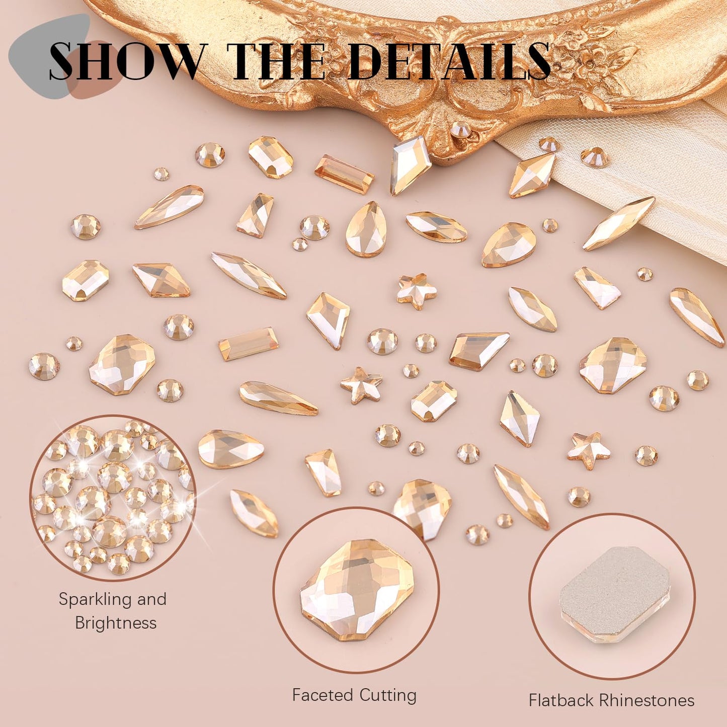 3220Pcs Champagne Gold Glass Nail Rhinestones 120Pcs Multi Shapes Flatback Nail Gems +3100Pcs 1.5-4mm Round Crystal with Rhinestones Glue Gel, Manicure Nail Charms Diamond Gemstone for Nail Art
