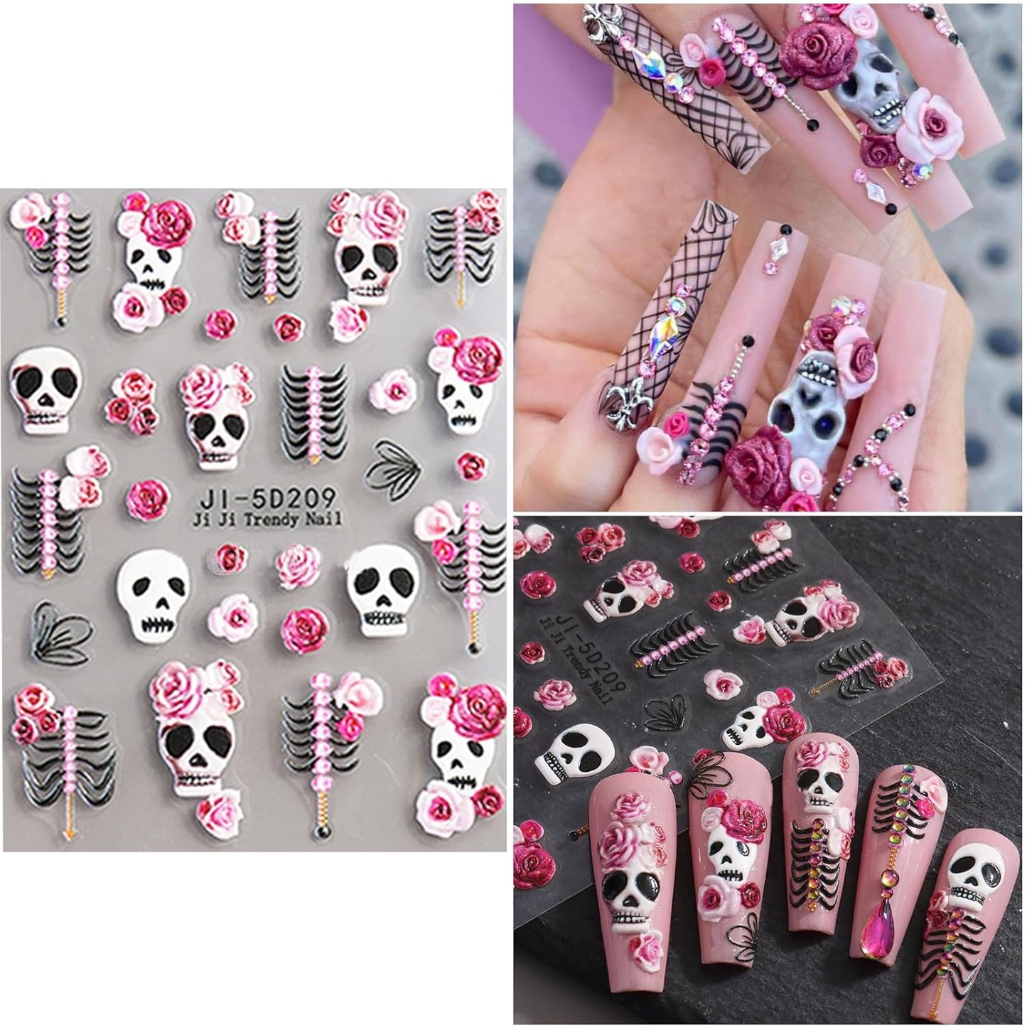 5 Sheets Halloween Nail Art Stickers Decals 5D Nail Decals Gold White Bone Pattern Sticker Self-Adhesive Skull Nails Supplies Accessories 3for Women Halloween Nails DIY Decoration