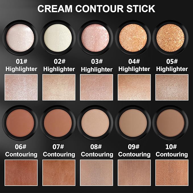 2Pcs Cream Contour Stick Makeup Kit, Cream Highlighter Stick and Bronzer Contour Stick with Longwear Waterproof Formula for Brightening and Trimming the Cheeks, Makeup Brush Include (#03, 09)