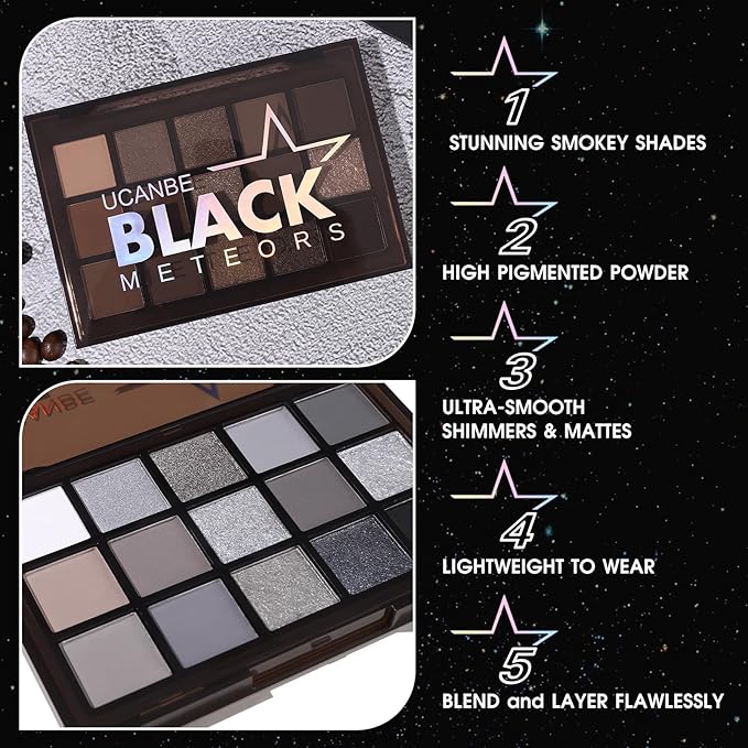 UCANBE Smokey Black Eyeshadow Palette, 15 Colors Dark Shimmer Matte Metallic Makeup Pallet, High Pigmented Gray Silver Sombras De Ojos Kit for Daily and Halloween