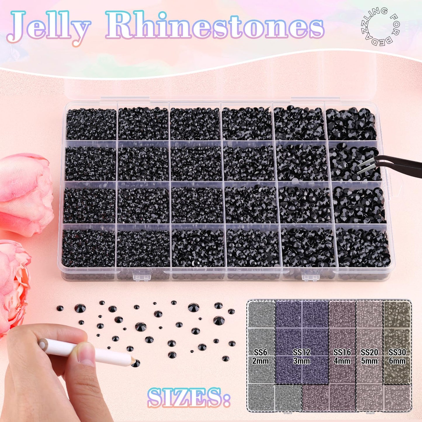 30000Pcs Resin Black Rhinestones with B7000 Jewelry Glue for Crafting, 2-6mm Non Hotfix Flatback Gems, Bedazzling Crystal for DIY Crafts Clothing Tumblers Mugs Shoes Fabric Decor Nail Art