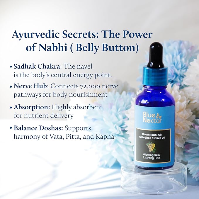 Blue Nectar Ayurveda Navel Oil with Ghee & Olive for Belly Oiling | Natural Belly Button (Nabhi) Oil for Radiant Skin & Deep Hydration (22 Herbs, 1 Fl Oz)