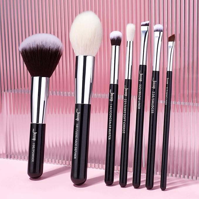 Jessup 25pcs Professional Makeup Brush Set Foundation Powder Concealer Eyeshadow Blending Blush Highlighter Natural-Synthetic Hair Brushes (Black/Silver)