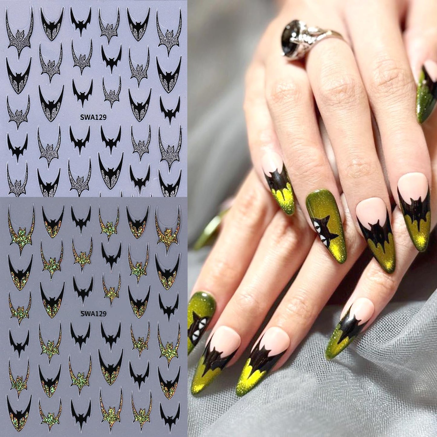 4pcs Halloween Bat Nails Art Stickers Glitter Holographic Gold Silver French Bat Design Adhesive Nail Decals Sliders Halloween French Sticker for Nails Supplies Accessories Y2K Manicure Decor