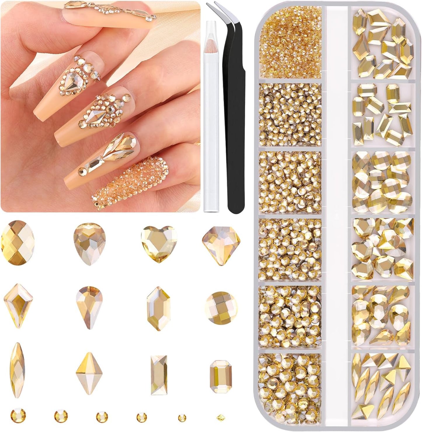 2060Pcs Champagne Gold Glass Nail Rhinestones 60Pcs Multi Shapes Flatback Nail Gems + 2000Pcs 1.5-4mm Round Crystal, Manicure Nail Charms Diamond Gemstone for Acrylic Nails Decoration
