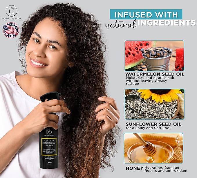 Controlled Chaos Leave-In Conditioner Spray– Anti Frizz Hair Detangler Spray for Dry Damaged Hair with Natural Watermelon & Sunflower Seed Oil & Honey – Non-Greasy, Gluten, Sulfate & Paraben Free