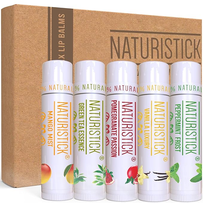5-Pack Lip Balm Gift Set by Naturistick. Assorted Scents. 100% Natural Ingredients. Best Beeswax Chapsticks for Dry, Chapped Lips. Made in USA for Men, Women and Children