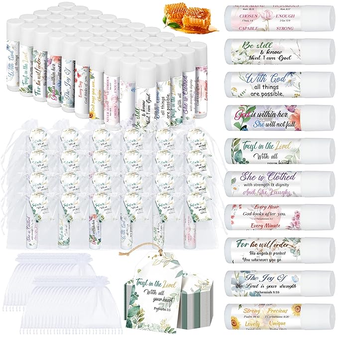 50 Sets Christian Gifts Bulk Lip Balms for Women Honey Religious Scripture Bible Verse Lip Balm Inspirational Motivational Thank you Gifts Floral Church Sunday School Party Favors