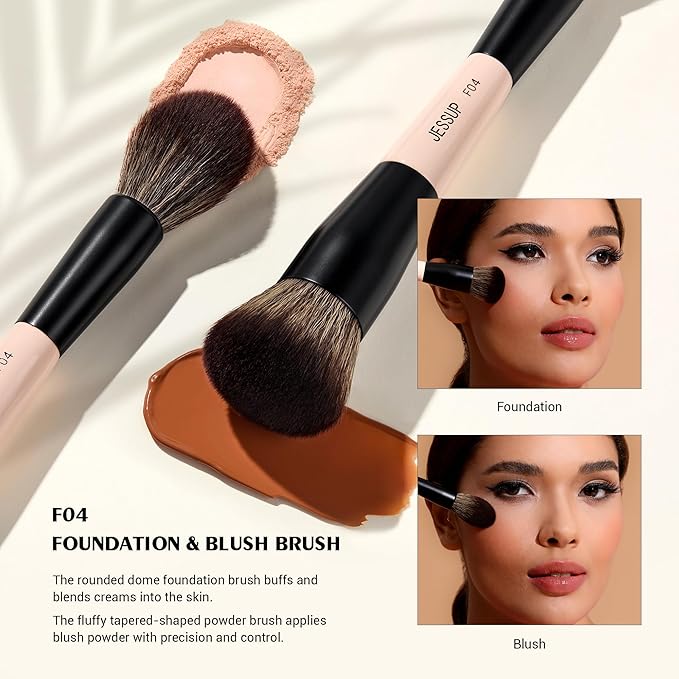 Jessup Face Makeup Brushes 3pcs Double Ended Makeup Brush Set for Foundation Contour Blush Highlight and Powder, Premium Synthetic Make up Brushes Peach Dust T508