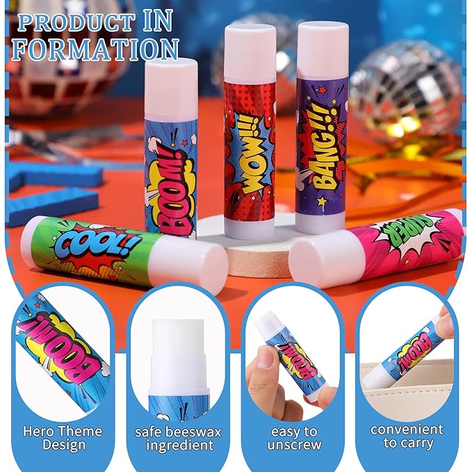 100 Pcs Hero Party Favors Lip Balms Bulk for Kids Birthday Party Moisturizing Lip Balm for Hero Themed Celebration Gifts Lip Care Products for Classroom Rewards Favor Party Supplies
