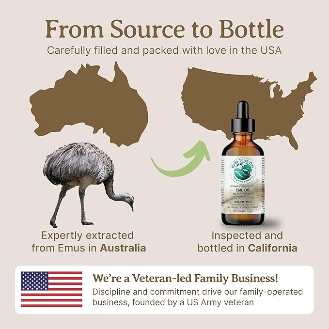 Bella Terra Oils - Emu Oil 8 oz - Australian Legacy, Famed for Omega-3, Omega-6 & Omega-9, The Natural Secret to Radiant Skin