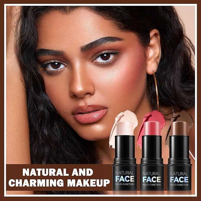 3PCS Cream Contour Stick Makeup Kit Face Highlighter Bronzer Blush Stick Long Lasting Illuminator Highlighters Makeup Stick for All Skin Tones(02 Champagne Gold+05 Rugosa Rose+06 Espresso)