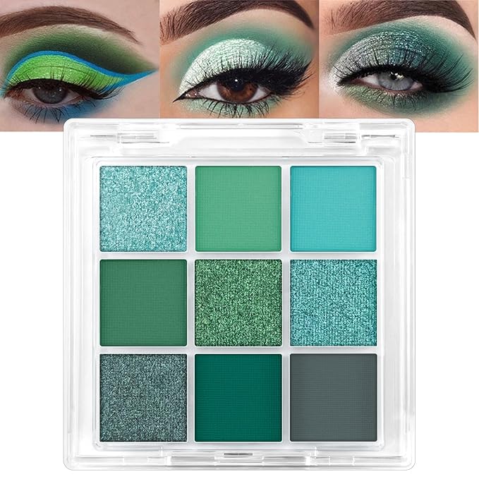 Erinde Matte Shimmer Light Deep Green Eye Shadow Palette Makeup Eyeshadow, Long Lasting Waterproof Cruelty-Free, 9 Blendable Shades Smooth Finishes Powder with Gorgeous Pearls for Girls