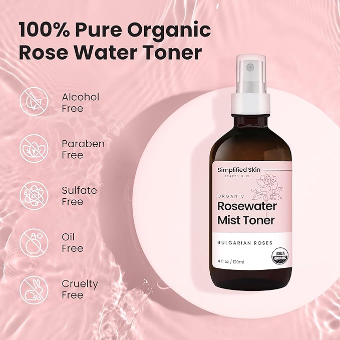 Simplified Skin Rose Water Spray for Face – Natural Organic Facial Toner – Hydrating Face & Hair Mist & Makeup Remover – Alcohol-Free 4 Fl Oz 3-Pack