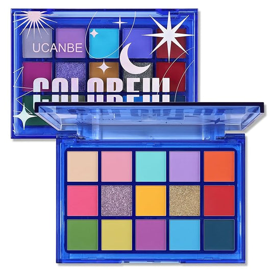 UCANBE Colorful Eyeshadow Palette, 15 Colors Vibrant Bright Shimmer Matte Metallic Neon Eye Makeup Pallet, Rainbow Green Pink Purple Orange Blue High Pigmented Sombras De Ojos Gift Kit