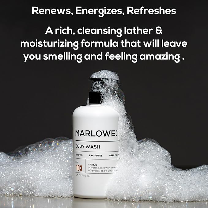 MARLOWE. No. 103 Body Wash 15 oz Pump, Santal, Energizing & Refreshing Shower Gel, Willow Bark & Green Tea Extracts, Cleanses, Moisturizes, Smooths & Nourishes, Warm Amber, Spice & Citron Scent