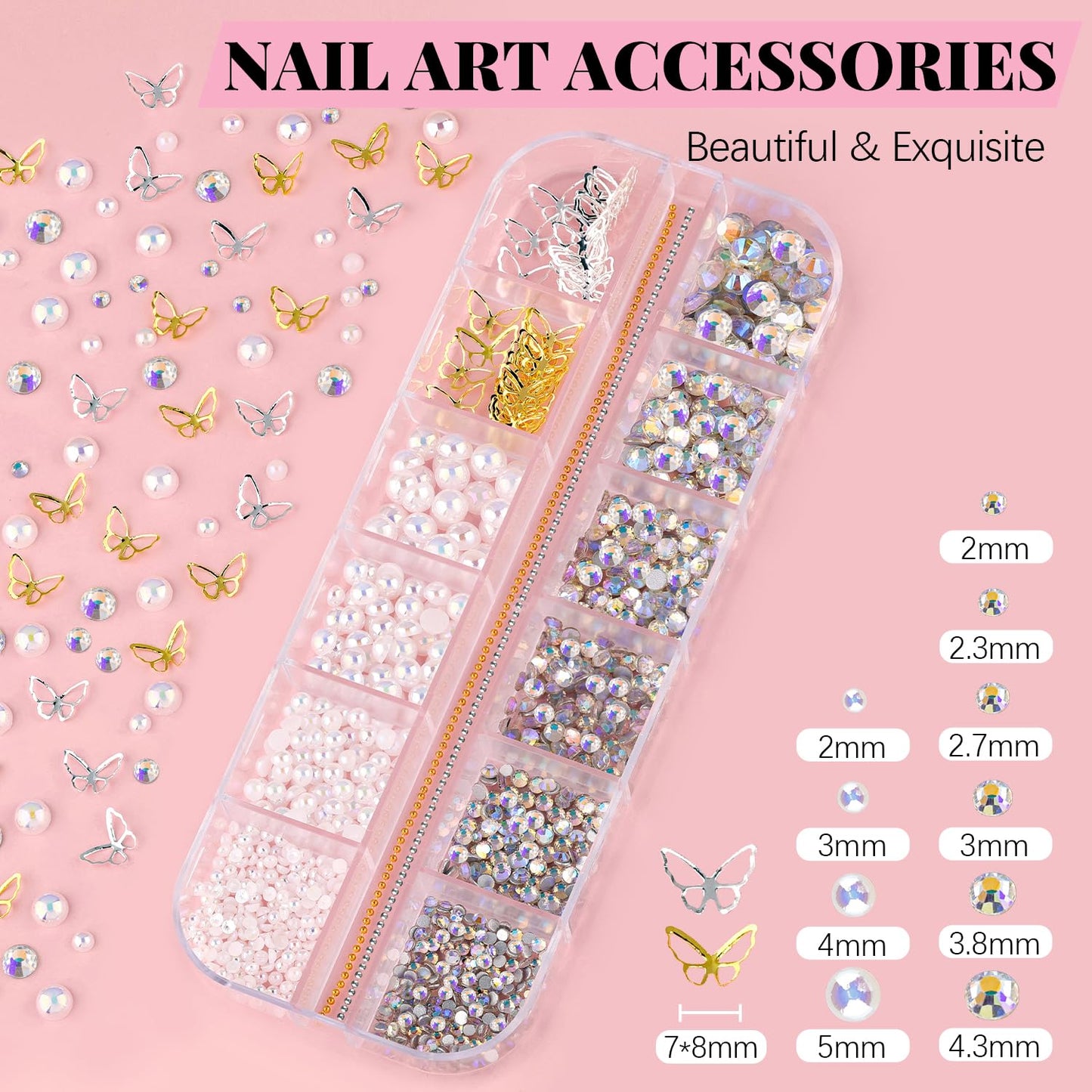 3D Nail Charms, Butterfly Colorful Acrylic Flower Starry AB Gemstones Caviar Beads Half Round Pearl, Flat Back Glass Crystal AB + Clear Round Rhinestones for Nails with Pickup & Dotting Tools