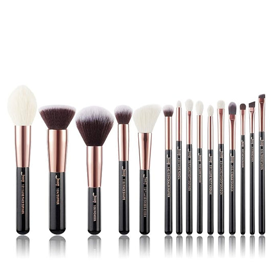 Jessup Makeup Brushes, Labeled Makeup Brush Set Premium Synthetic and Natural Hair Foundation Powder Concealer Eyeshadow Blending 15pcs Brush Kit, Rose Gold/Black T160