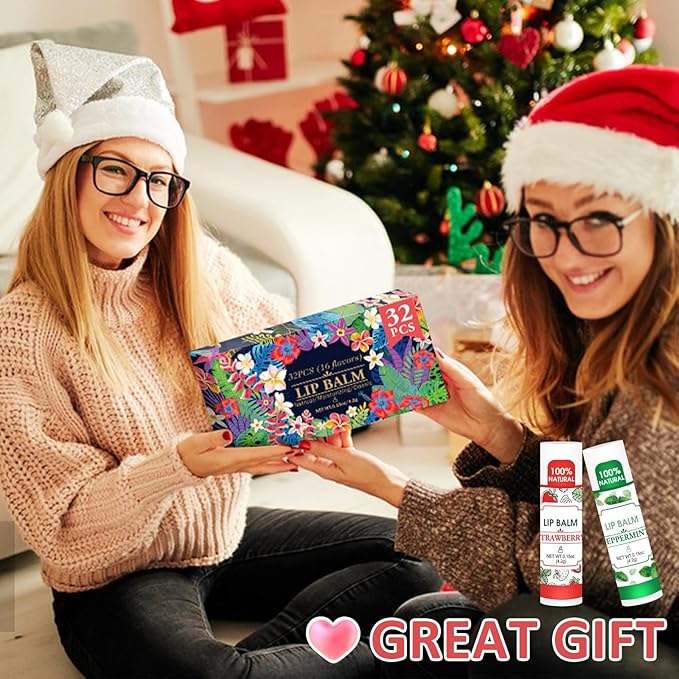 32 Pack Lip Balm, Natural Lip Balm Bulk with Vitamin E and Coconut Oil, Hydrating Lip Balm for Dry Lips, Bulk Lip Balm for Stocking Stuffers - 16 Flavors