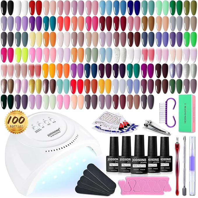 JODSONE 100 Bottles of Gel Nail Polish Kit with U V Led Light 95 Multiple Glossy Glitter Colors Mint Green Light Pink Nail Gel Base Coat Glossy and Matte Top Coat Gel Polish Kit