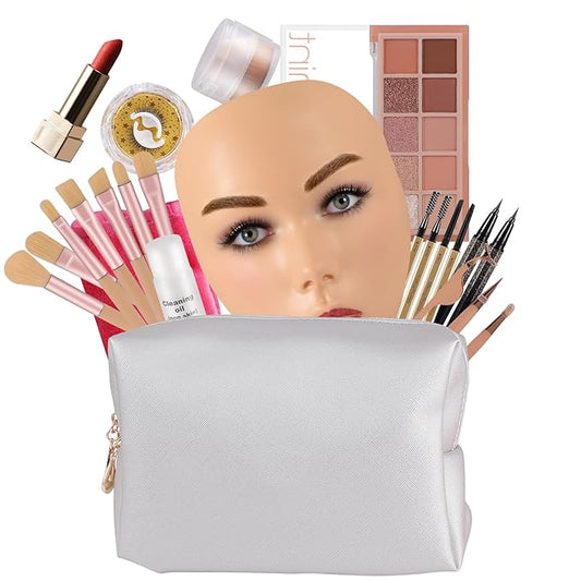 3D Makeup Practice Kit,Reusable Silicone Makeup Practice Face Board/Makeup Mannequin Face,with Makeup Brushes Set&Eyebrow Pencils&Eyelashes&a Makeup Bag&makeup remover towel&Eyeshadow&Lipstick