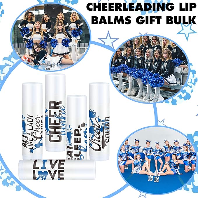50 Sets Cheer Gifts Bulk 50 Cheer Lip Balm Bulk Moisturizing with 50 Organza Drawstring Gift Bags 50 Tags Cheerleader Gifts Cheer Gifts Bulk for Team (Blue)