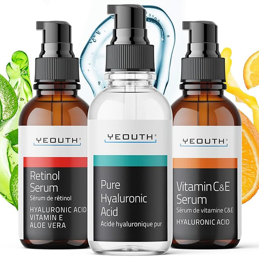 YEOUTH Skin Care Set: Retinol Serum for Face, Vitamin C and Hyaluronic Acid Serum, Face Care Kit that Targets Appearance of Uneven Uneven Skin and Dryness 3x1 oz
