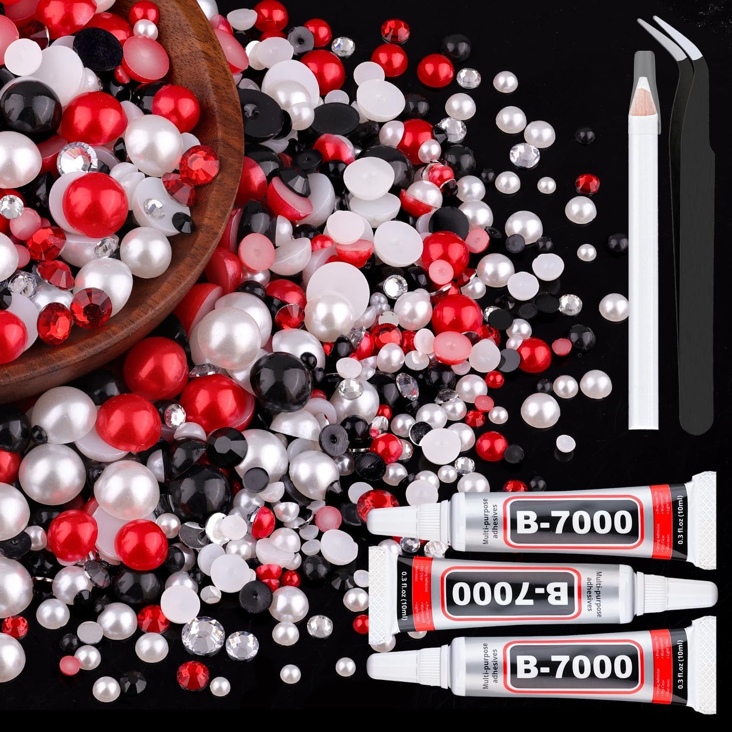 80g Flatback Pearls and Rhinestones for Crafting, Red White Black 3-10mm Resin Rhinestones and Half Pearls for Bedazzling, Nail Art and Dec with 3pcs 10ml B7000 Jewelry Glue, Tweezer and Pickup Pencil