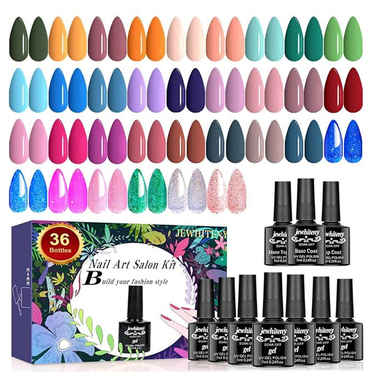 JEWHITENY Gel Nail Polish Kit, 36 Pcs 7ML Soak Off Gel Polish Set Pink Blue Green Yellow Gel Nail Kit Glitter Nail Art Starter Kit Beauty Gifts