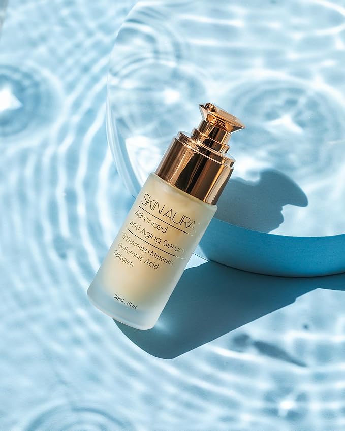SKIN AURA Advanced Anti-Aging Serum - All-In-One Formula Visibly Improves Wrinkles, Fine Lines & Age Spots with 5 Vitamins + Minerals, Hyaluronic Acid & Collagen Peptides - 30ml (1oz)
