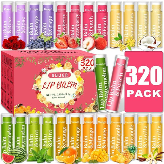 320 Pcs Lip Balm Bulk, 12 Flavored Pack of Lip Balms Natural Lip Balm Pack, Moisturising Organic Lip Balm Set for Cracked Lips, Bulk Gifts Stocking Stuffers Party Favors(4.2g/0.15oz)