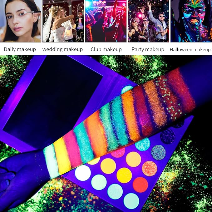 DE'LANCI Neon Eyeshadow Palette Glow in the Dark, Aurora Glow Eyeshadow Pallets Stage, Halloween Christmas Makeup Kit UV Blacklight Matte and Glitter Fluorescent Eye Shadows Highly Pigment