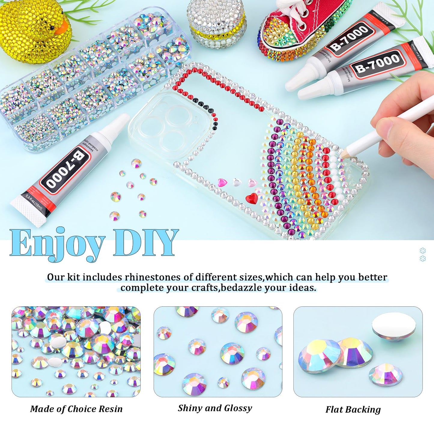 6000Pcs Resin Rhinestones for Bedazzling with 3Pcs B7000 Jewelry Glue, 1 Box AB Flatback Rhinestones for Crafting Crafts DIY, Crystals Gems for Clothing Shoes Tumblers Nail Art Makeup