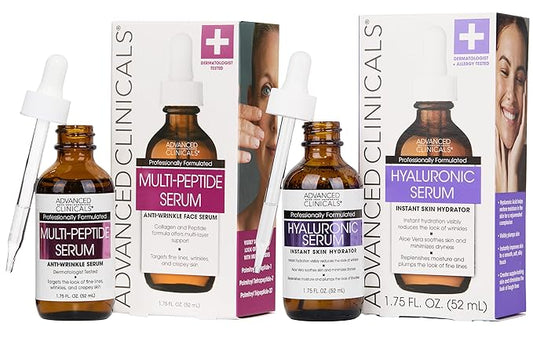 Advanced Clinicals Hyaluronic Acid Moisturizer Face Serum + Collagen Peptide Facial Serum Skin Care Set | Hydrating Serums For Diminishing Appearance Of Wrinkles, Dry Skin, Fine Lines, Set Of 2