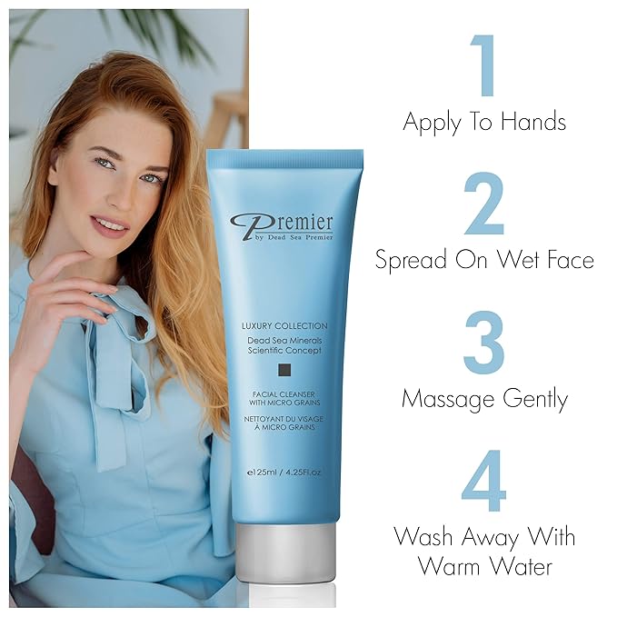 Premier Dead Sea Facial Cleanser with Micro Grains, Luxury collection foaming face wash, daily use skin care, nondrying, anti-aging Skin Care with aloe vera, witch hazel, Dermatologist Tested 4.4fl oz