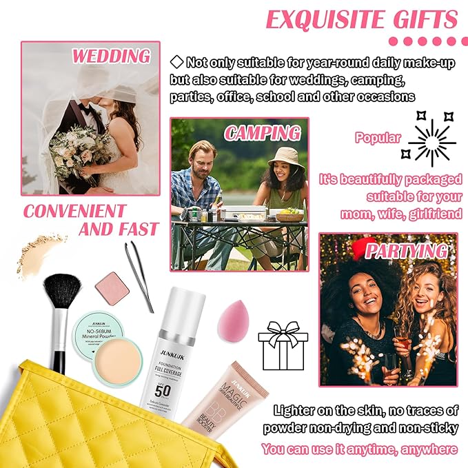 Color Changing Foundation Set,Full Coverage Foundation Liquid Foundation Makeup Gift Set,Moisturizing BB Cream for Women,Flawless Loose Setting Powder Face Primer Base Makeup Kit With Makeup Sponge