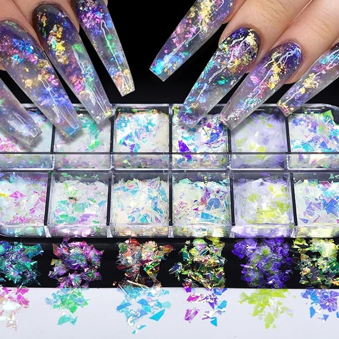 12 Colors Holographic Nail Art Glitter Sequins Aurora Holographic Mermaid Nail Glitter Flash Ice Residue Nail Glitter Sequin Chameleon Flakes Set Fluorescent Glass Paper for Face Body DIY Decoration